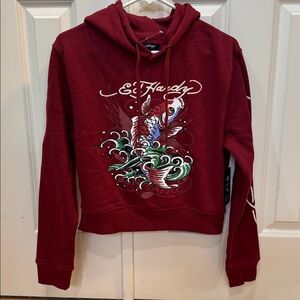 Ed Hardy Maroon Hoodie with Graphic Design